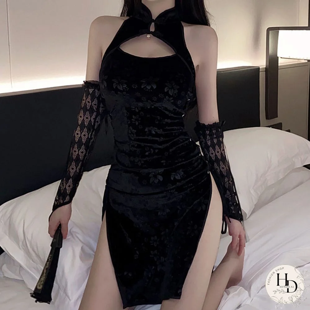 Hollow Out Lace Up Sexy Cheongsam Dress