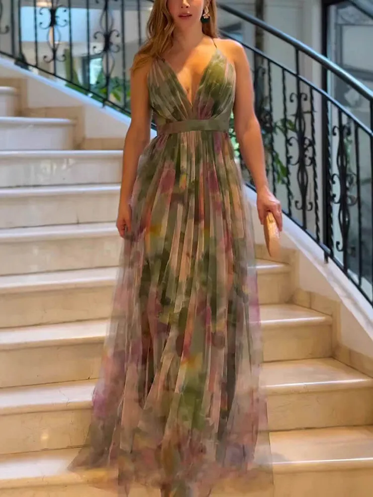 Elegant Casual Mesh Print Suspender Wide Swing Maxi Dress