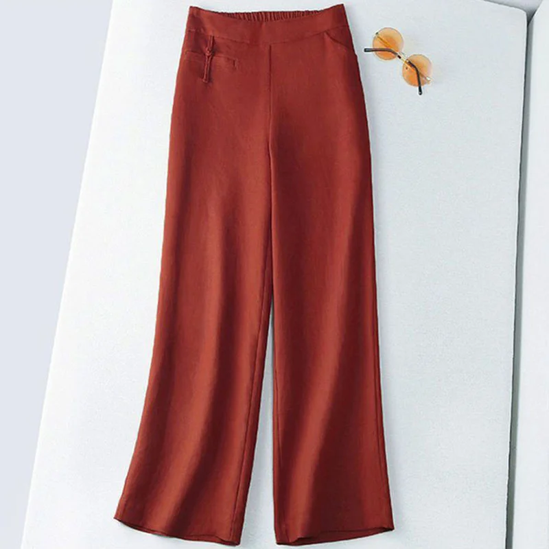 Applyw Women Straight Casual Pants 2023 Summer Elastic High Waist Wide Leg Pants Female Vintage Loose Cotton Linen Trousers