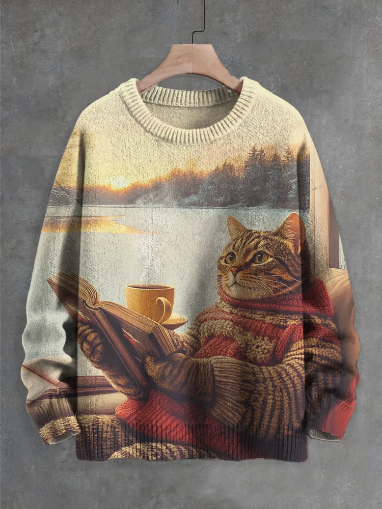 Men's Reading Lover Cat Art Print Knit Sweatshirt