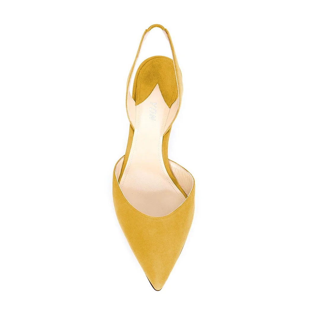 Chic Vegan Suede Pointed Toe Slingback Kitten Heels in Yellow