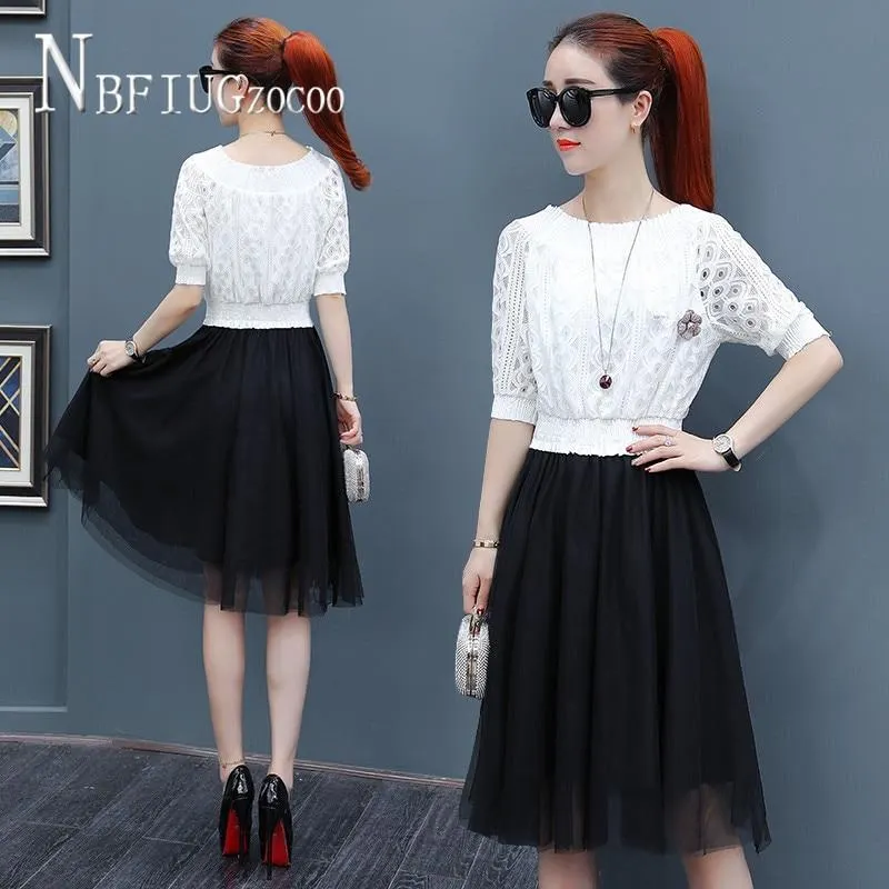 2020 New Summer Fake Two Pieces Women Dress Summer Slim Lace Female Dresses