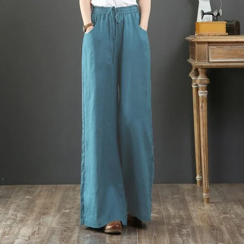 Casual Pants Women Linen Casual Ins S-3XL Female Elegant Popular Spring Baggy Ulzzang Drawstring Wide Leg Trouser 21 Colors Chic