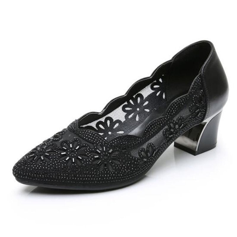 Comemore 2021 Summer Fashion Loafers Genuine Leather Pumps Women Luxury Medium Heel High Heels Mesh Ladies Office Shoes Sandals