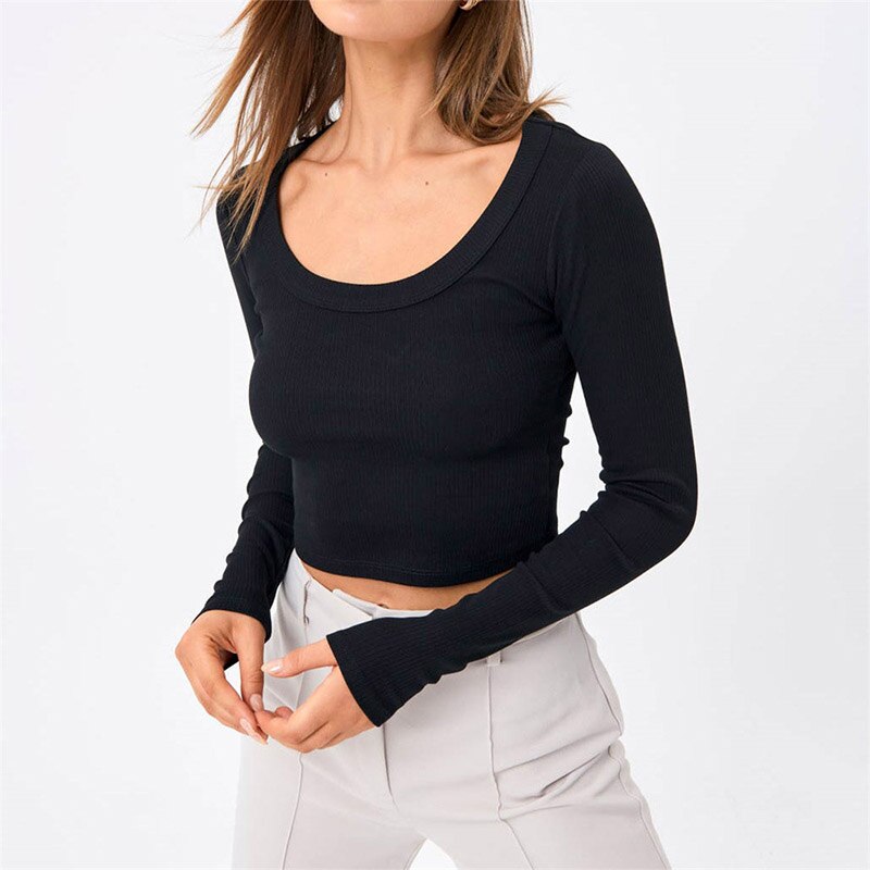 Mapsjack Neck Ribber Knitted Long Sleeve Crop Top Women Stretch Value 2025 Solid Autumn Skinny Basic Casual T Shirt Black Tees Y2K Tops