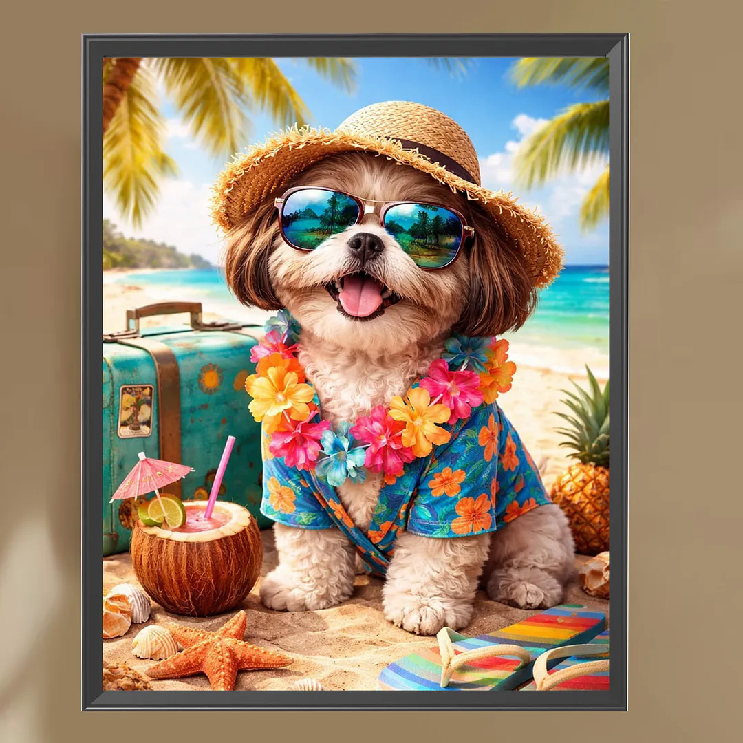 Beach Vacation Puppy 5D DIY Full Square Drill Diamond Painting Kits for Adults Beginners Home Decor Diamonds Dots Gem Art Kits Diamonds Paintings Gem Art 17.72x21.65inch