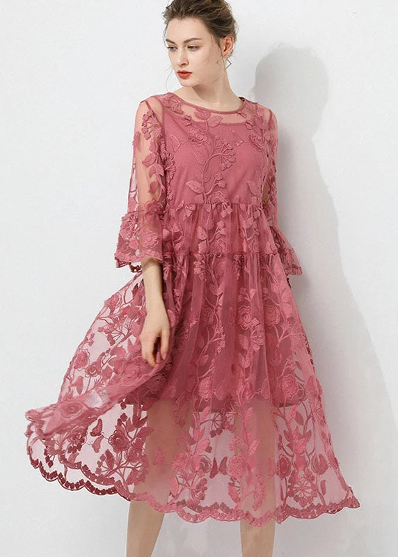 Vintage Pink Embroideried O-Neck Two Pieces Set Lace Dress