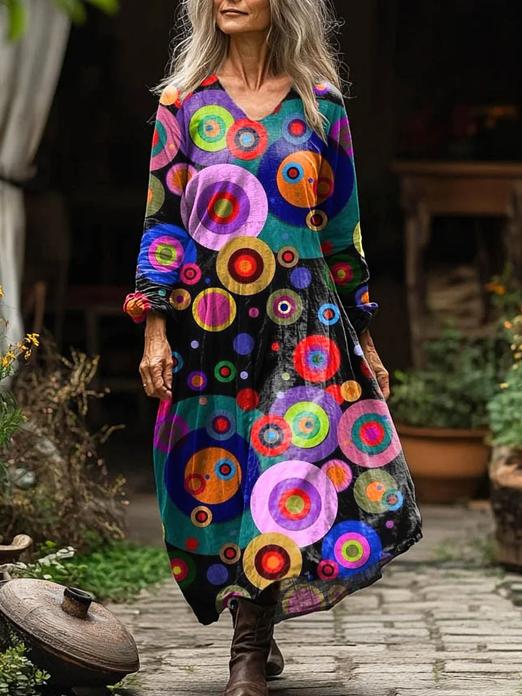 Geometric Circle Art Printed Women's Pocket Cotton Dress