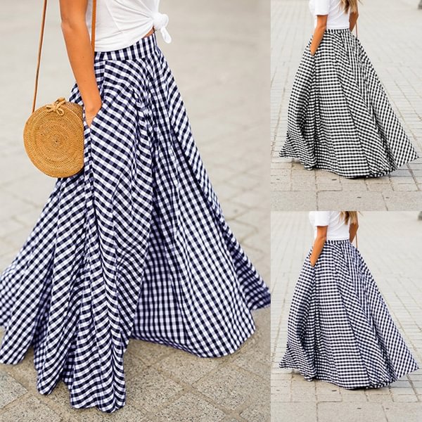S-5XL Fashion Women High Waist Pleated Maxi Skirts Pockets Plaid Long Dress - Shop Trendy Women's Clothing | LoverChic