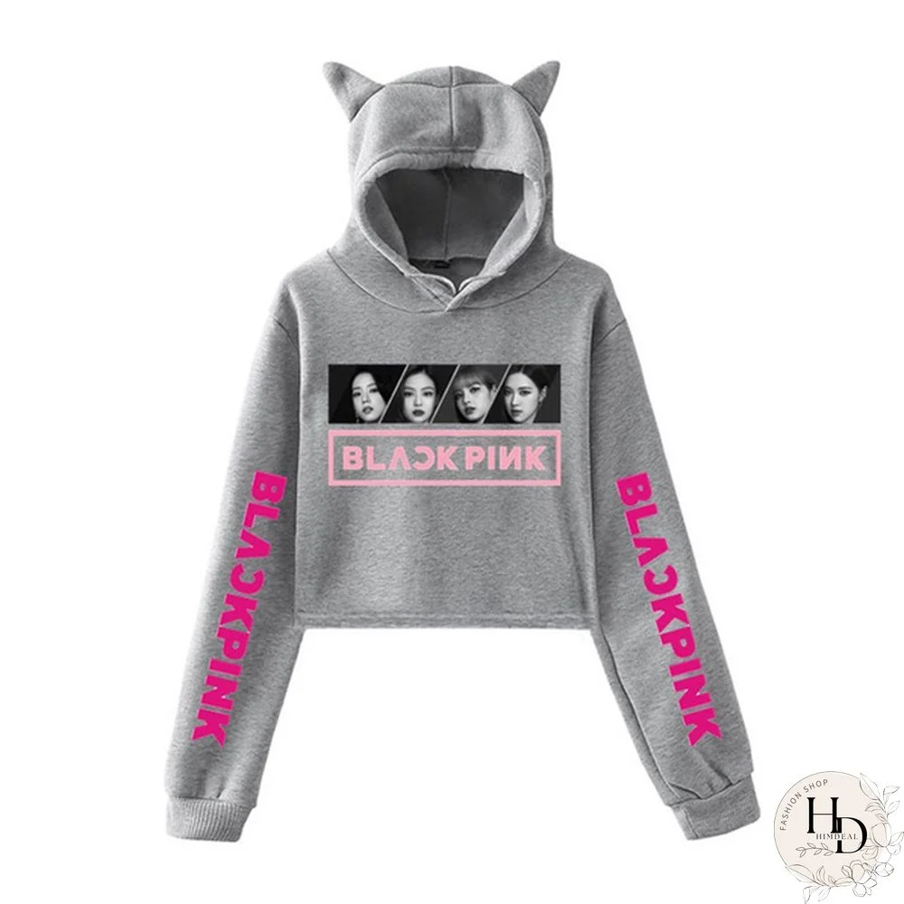 Women's Exposed Umbilical Short Sleeve Kpop Blackpink Lisa Jennie Rose Jisoo Print Hoodies Sweatshirt Cat Ear Crop Tops Pullover