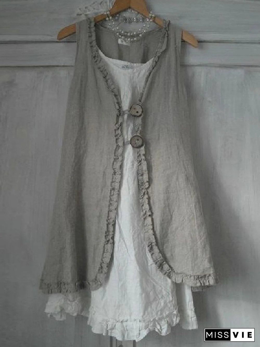 Buttoned Ruffled Sleeveless Linen Solid Shirts & Tops Linen