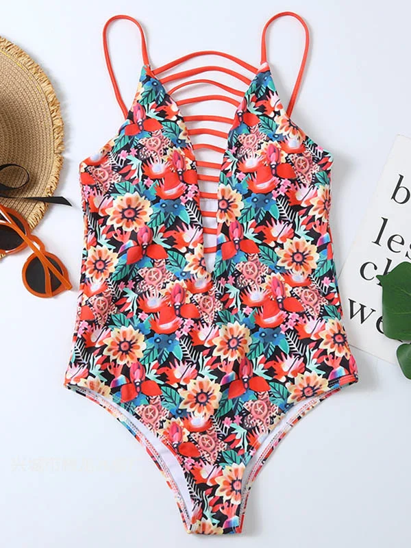Floral Spaghetti-Neck Backless Hollow One-Piece Swimwear