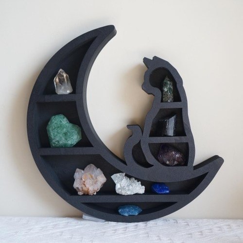 Midnight Crescent Moon & Cat Crystal Wooden Shelf, Moon Décor, Moon Shelf Wall Decor, Cat Shelf Wall Decor,