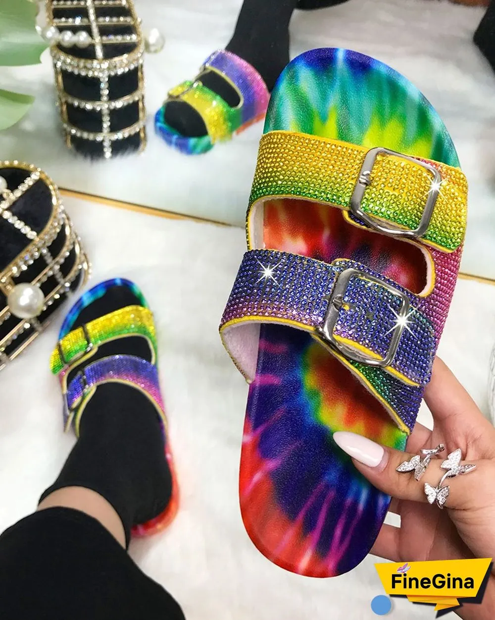 Studded Twin Buckle Band Footbed Slide Slippers