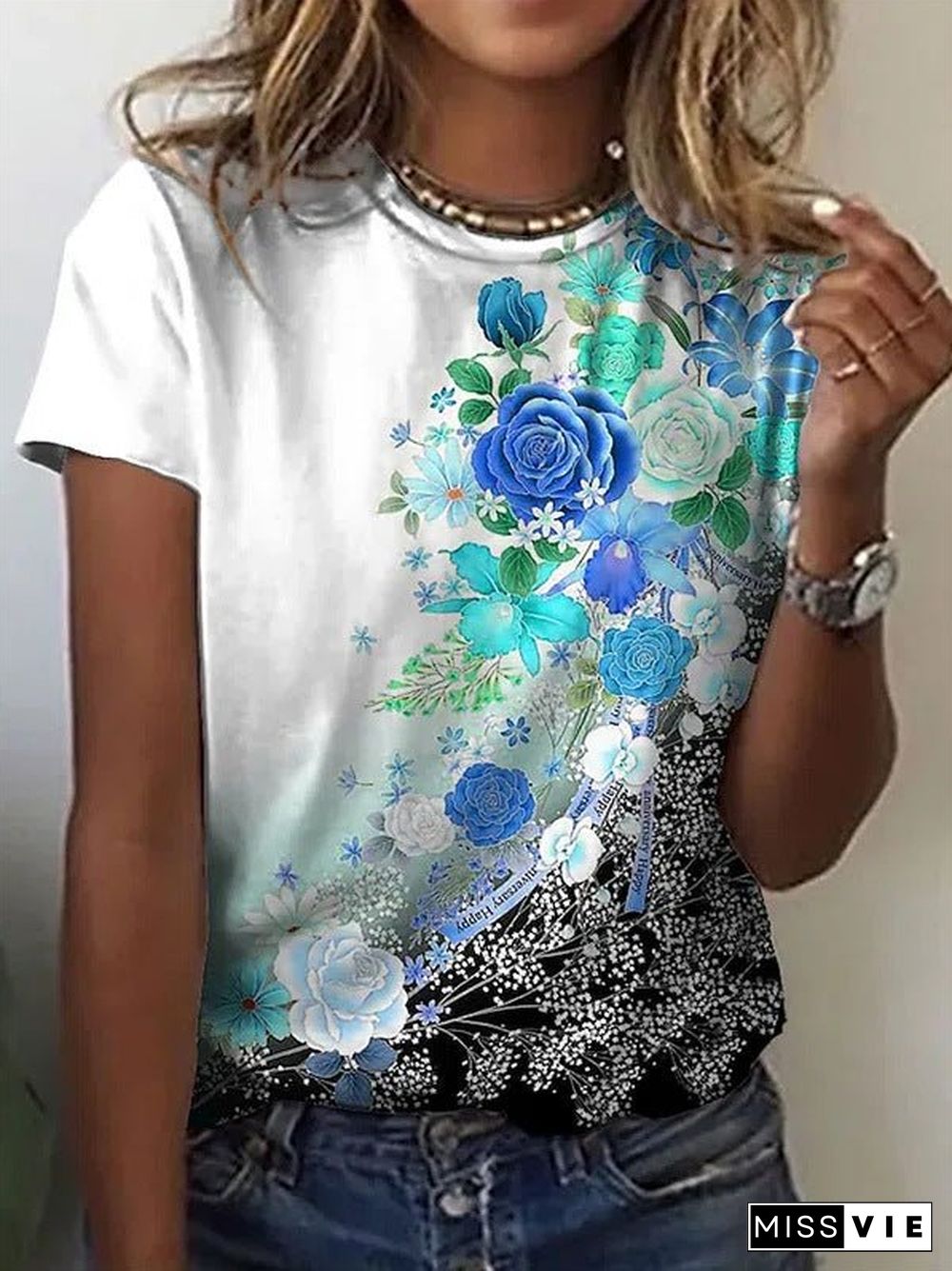 Women'S T-Shirts Floral Print Crew Neck Short Sleeve T-Shirt
