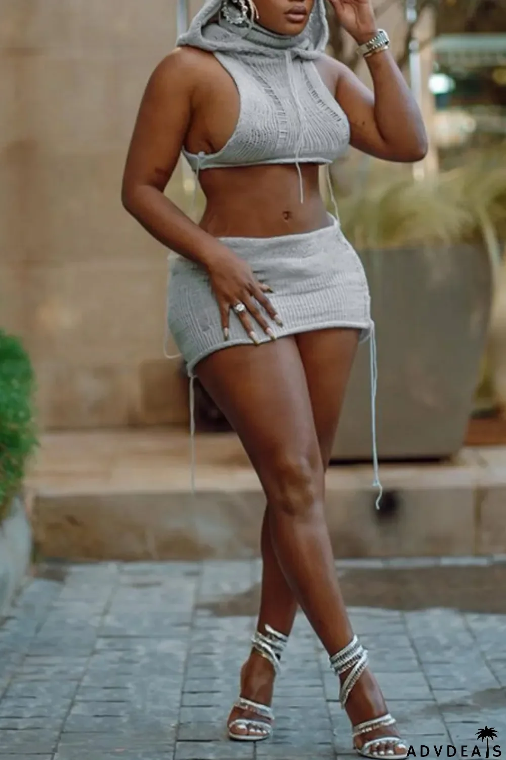 Green Sexy Casual Solid Hollowed Out Hooded Collar Sleeveless Two Pieces