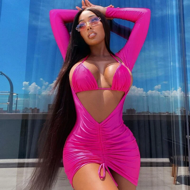 Hugcitar Long Sleeve Bandage Hollow Out Ruched Bodycon Mini Dress 2021 Autumn Winter Women Fashion Y2K Slim Streetwear Elegant