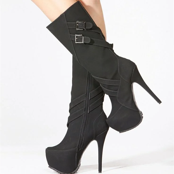 Black Stiletto Heel Buckled Mid-Calf Platform Boots for Women |FSJ Shoes