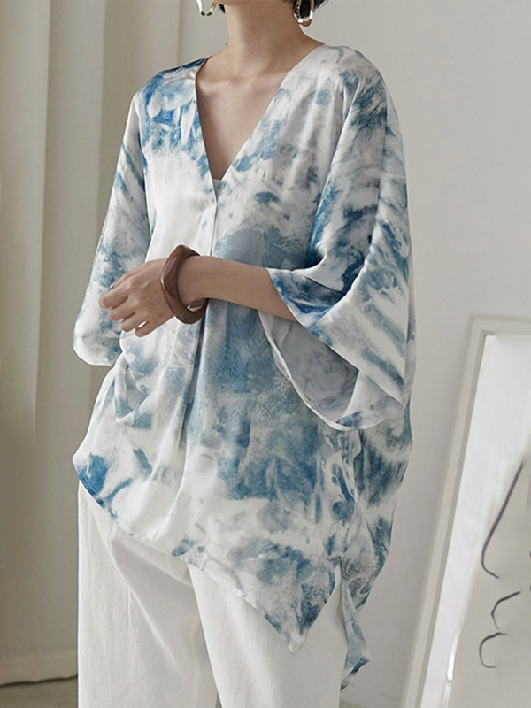 Tie-dyed V Neck Single Buttons Split Blouses