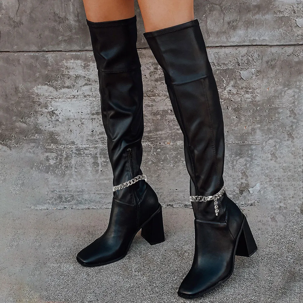 Black Square Toe Chunky Heel Chain Decor Tall Boots for Women