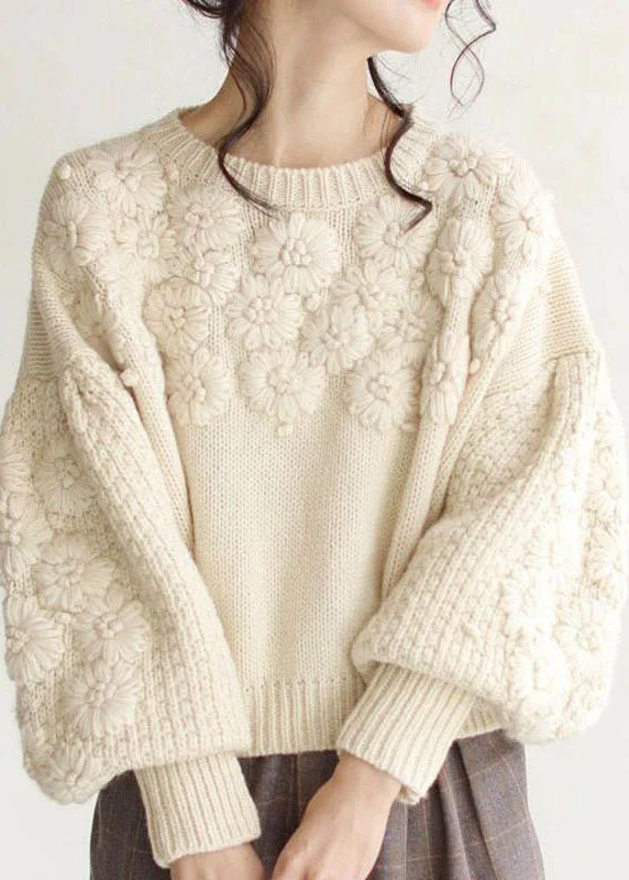 Chic Beige Thick Warm Embroideried Fall Knit sweaters