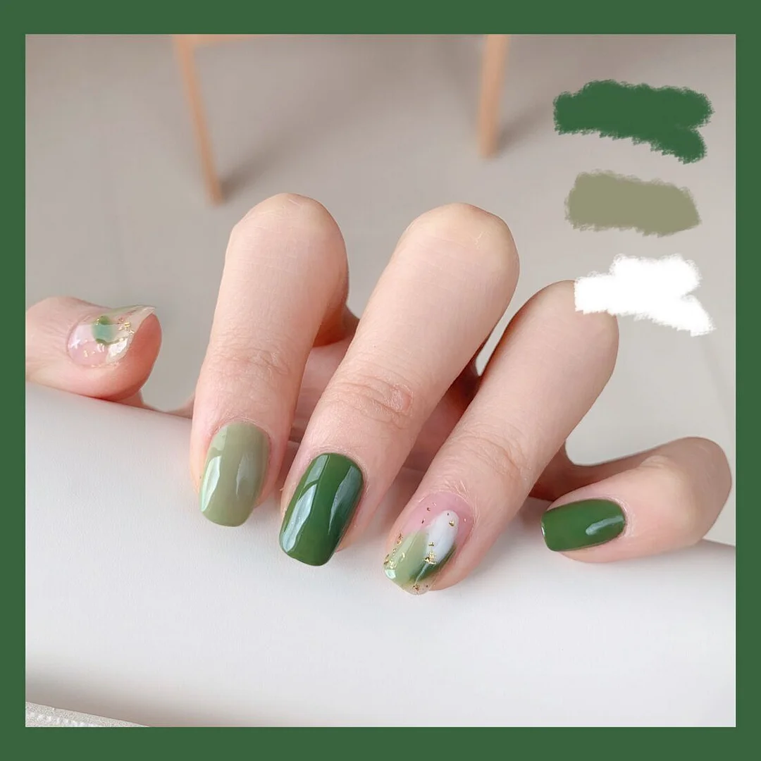 24pcs Summer Green Fake Nails Full Cover Fake Nails Glue DIY Manicure Nail Art Tools