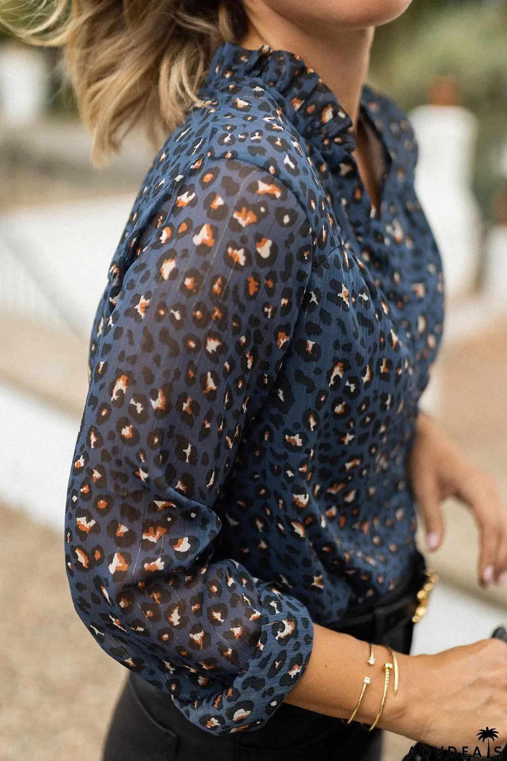 Blue Leopard Sheer Button Front Long Sleeve Shirt