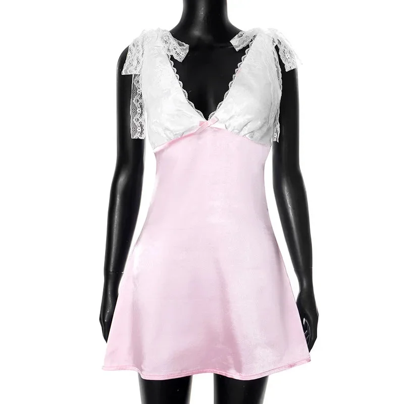 Woherb Pink V-neck Tie Up Patchwork Satin Mini Dress-Outfit Ideas
