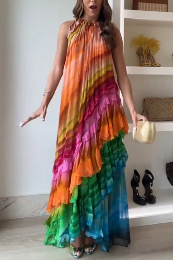 Rosha Georgette Crepe Tie-dye Print Layered Ruffles A-line Maxi Dress