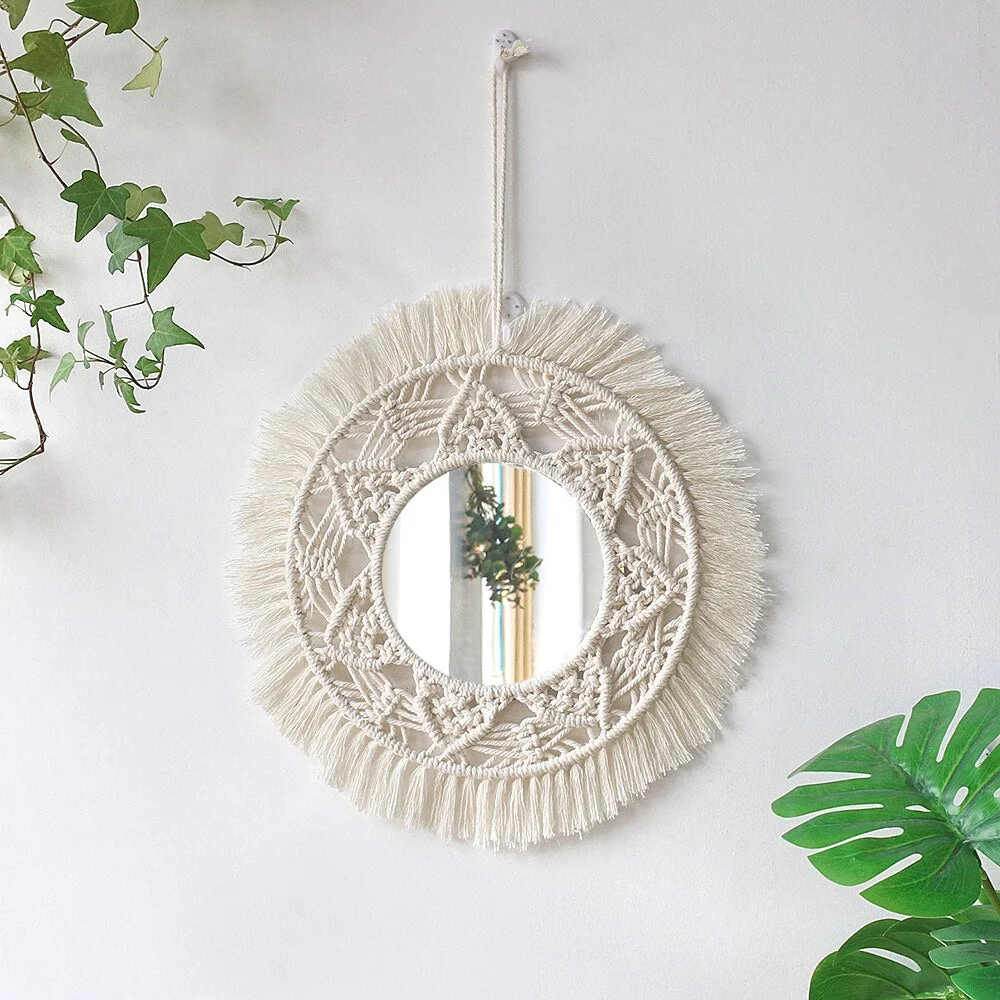Boho Mirror Home Decor Aesthetic Macrame Wall Hanging Decorative Wall Mirrors For Apartment Livingroom Bedroom Room Decoration
