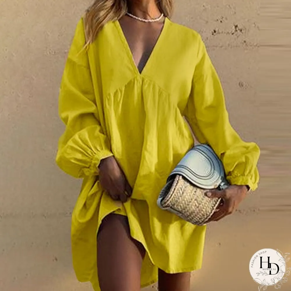 Womens Spring & Autumn Long Dress Tunic Lantern Sleeve Necklace Cotton Linen Casual Loose