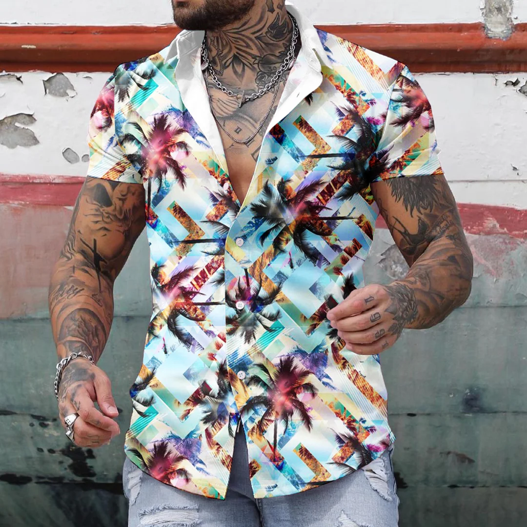 Men's Seaside Beach Geometry Coconut Tree Short Sleeve Shirt
