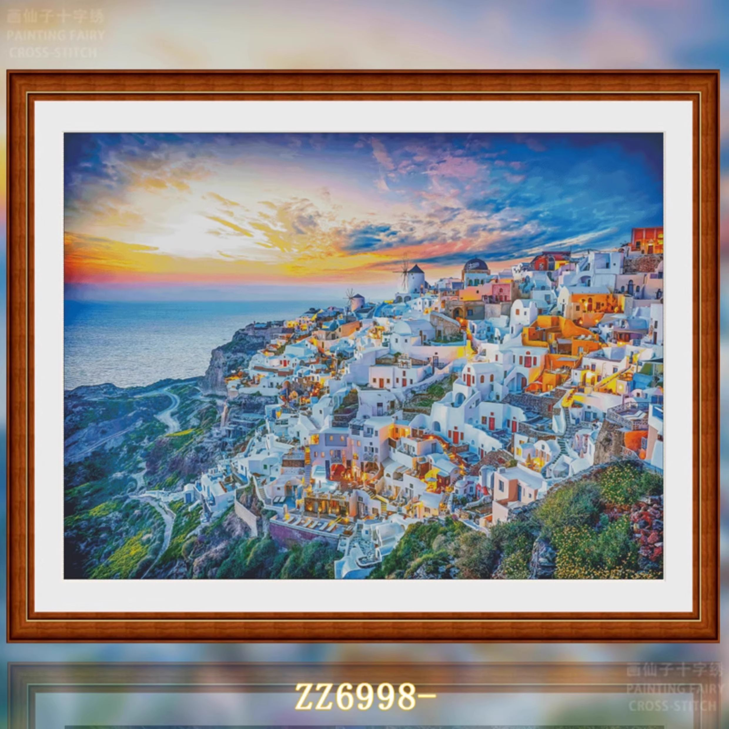 1set DIY Printed Cross Stitch Kit, 【ZZ6998- Sunset Aegean Sea】 Painting Fairy Cross Stitch