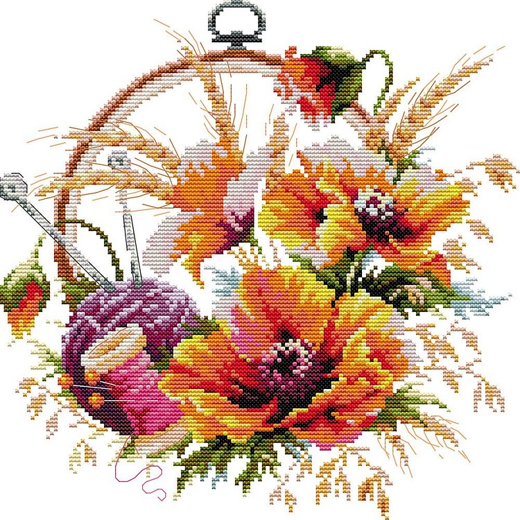 Joy Sunday - Flowers - 14CT 2 Strands Threads Printed Cross Stitch Kit - 32x32cm(Canvas)