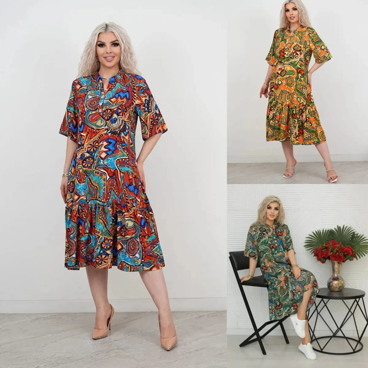 🔥 P-5XL🌈️Vestido estampado étnico, moderno, retro e colorido