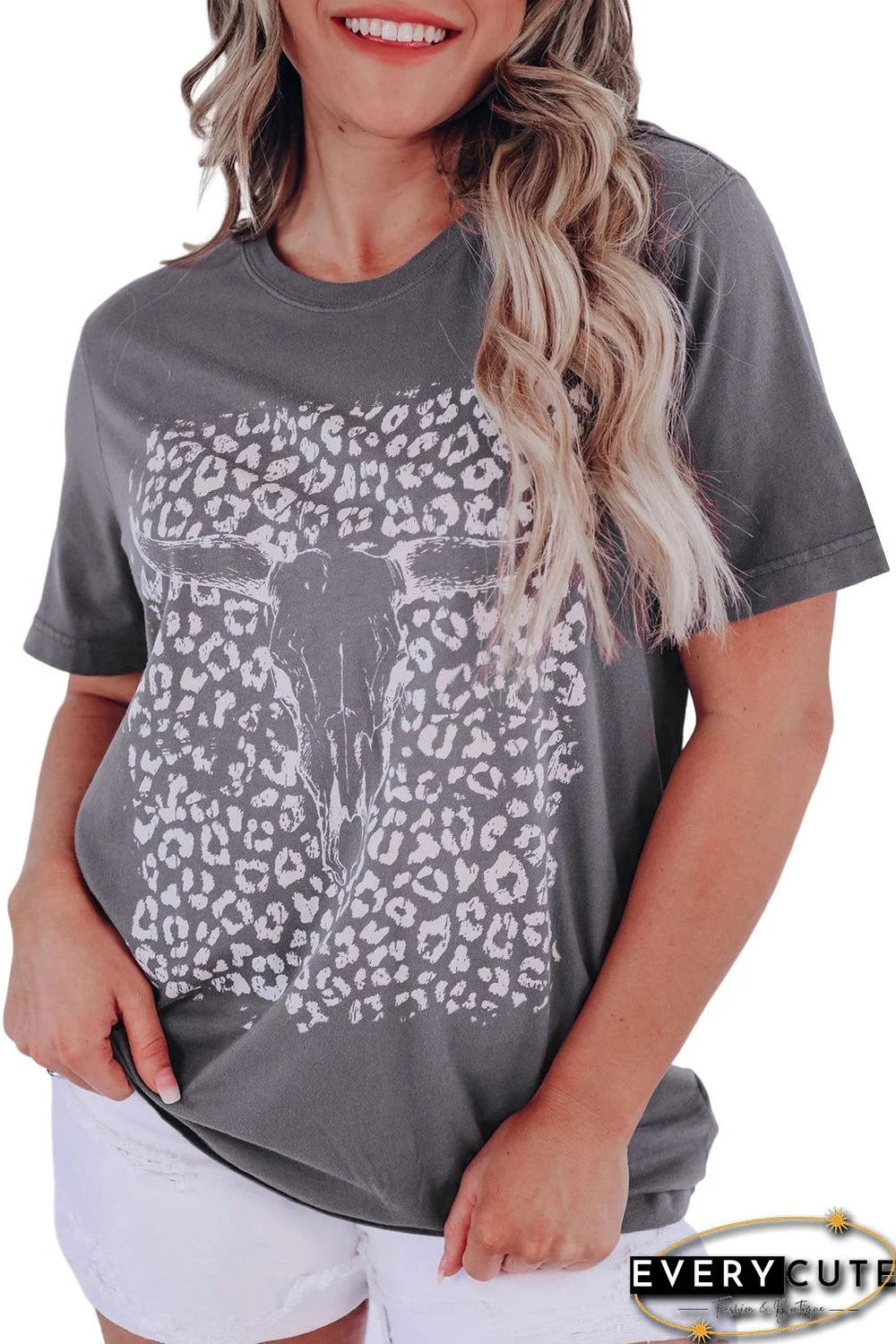 Gray Leopard Bull Skull Graphic Tee