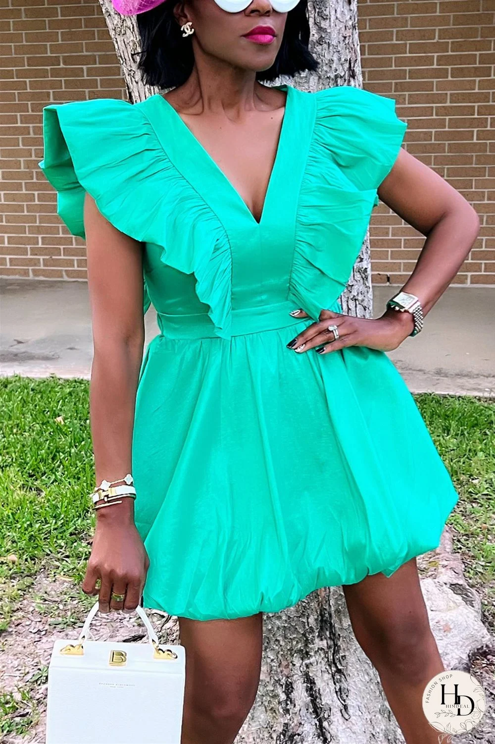 Black Plus Size Casual Sweet Solid Hollowed Out Flounce V Neck Bud