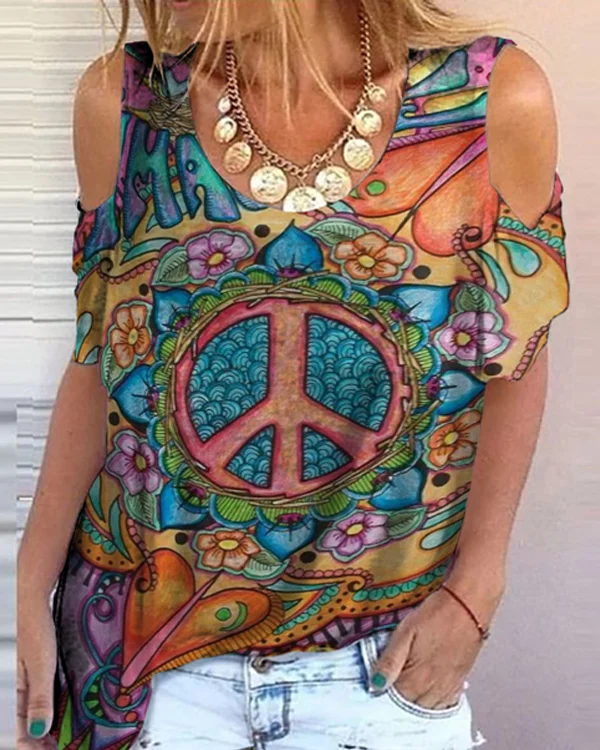 🔥kukelife🔥Peace Symbol Print Hippie Cold Shoulder T-Shirt