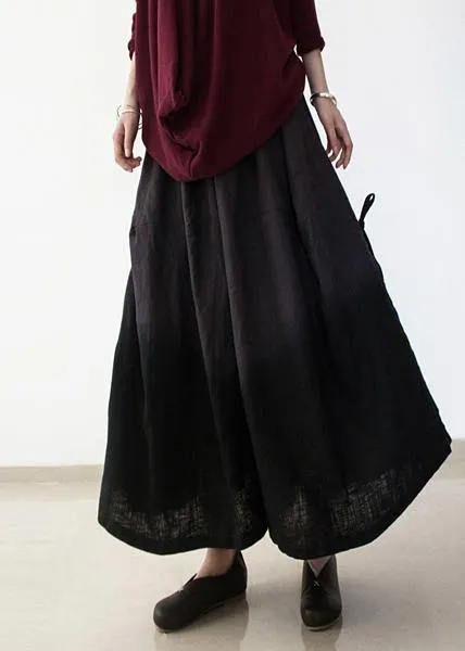 black retro drawstring folds gradient loose large size wide leg pants thick cotton linen skirt pants