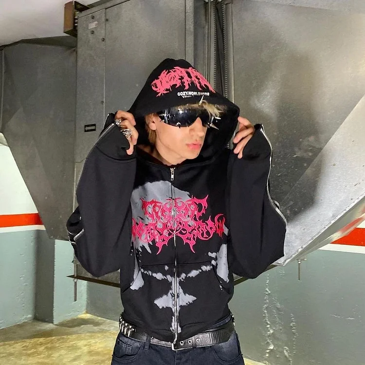 Y2k Goth Punk Street Zipper Hoodie Casual Loose Sweatshirt Devil Crewneck Hoodie