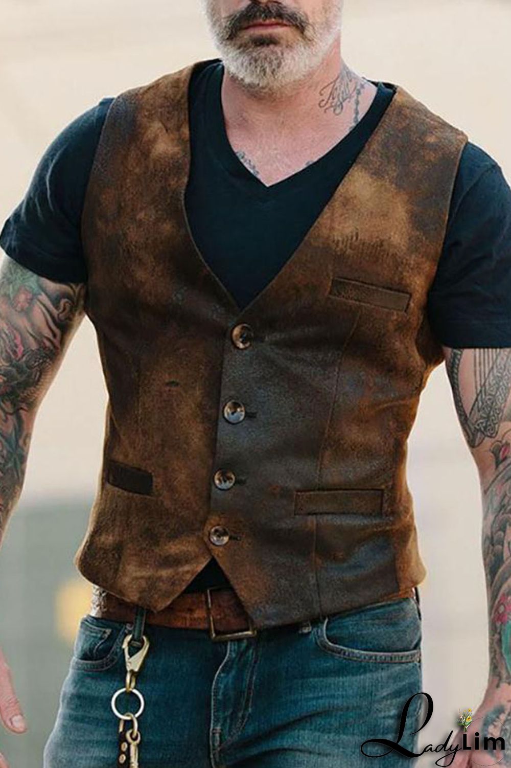 Yellow Brown Vintage Print Split Joint Buckle V Neck Tops