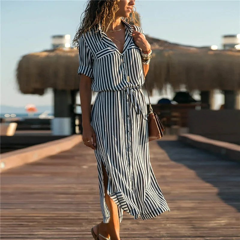 Aachoae Turn Down Collar Office Ladies Stripe Shirt Dress Long Boho Beach Dress Casual Long Sleeve Elegant Party Dress Vestidos