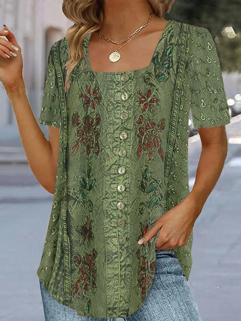 Women Short Sleeve U-neck Floral Printed Button Tops