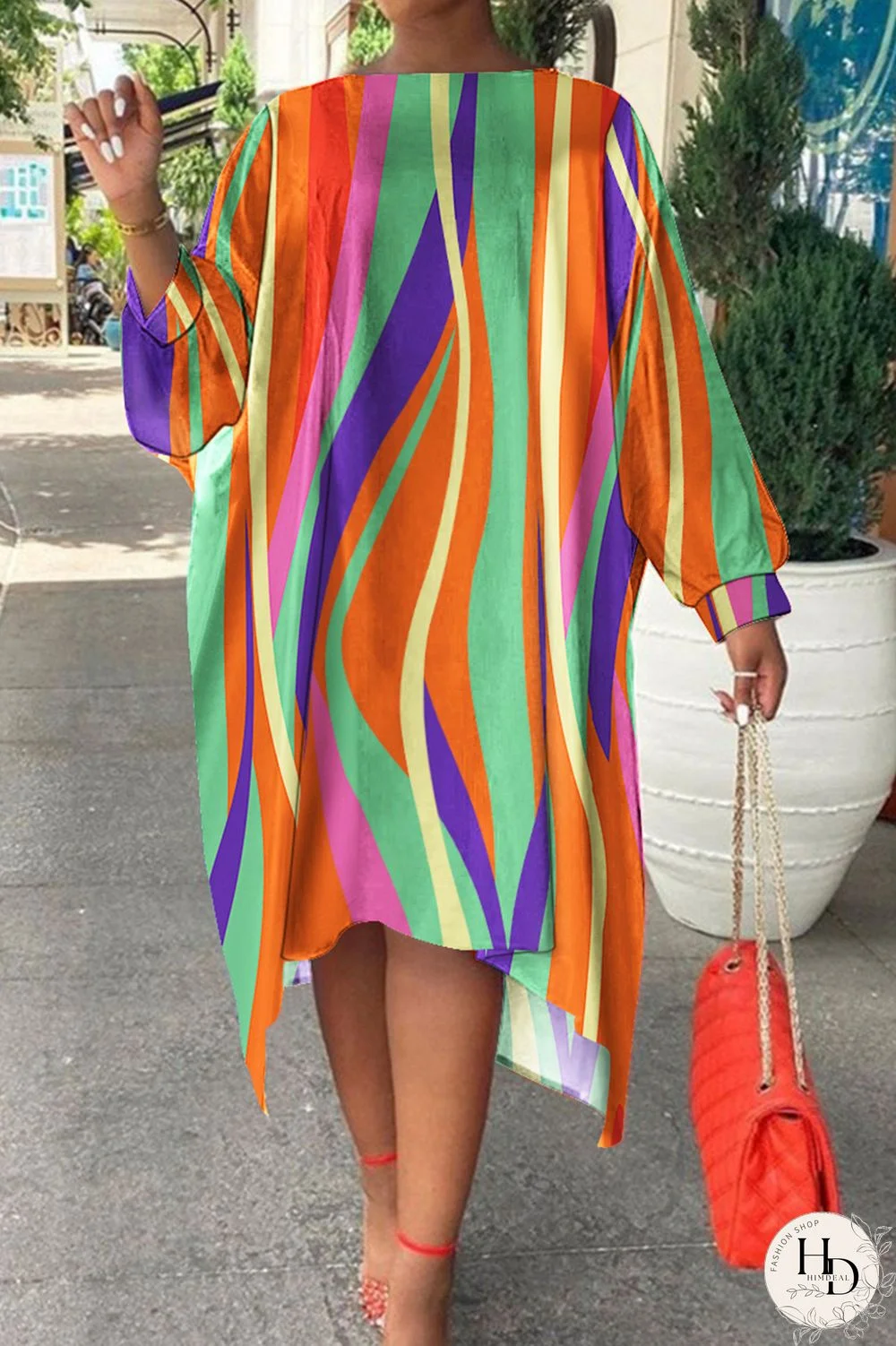 Colour Daily Fashion Striped Print Long Sleeve Plus Size Dresses