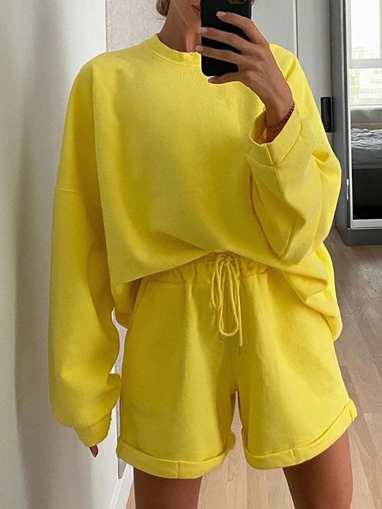 Women Long Sleeve Tracksuits Two Piece Set Autumn Sweatshirt and Shorts Suits Casual Loose 3 Pieces Outfit Solid Streetwear Sets