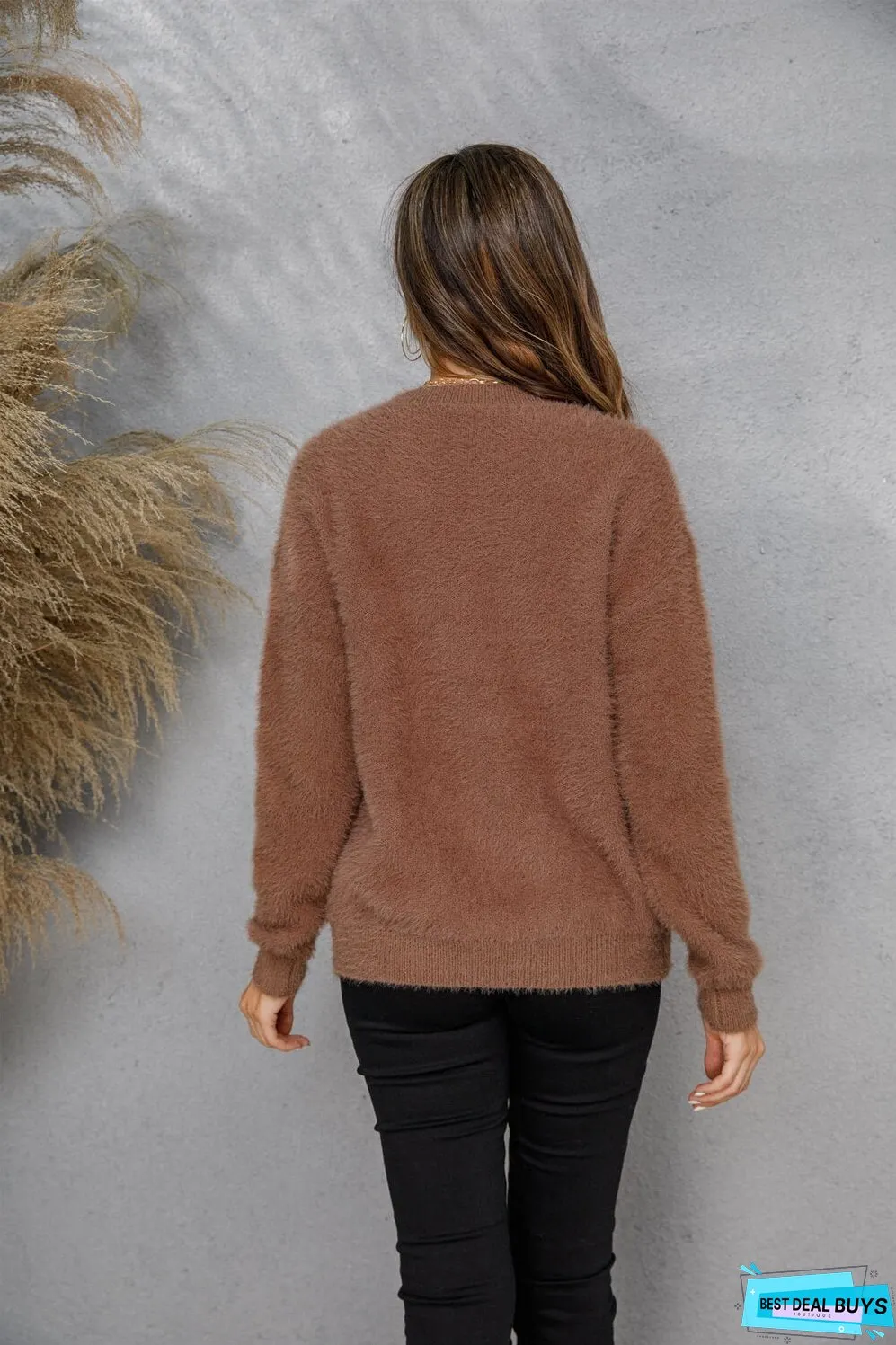 Dropped Shoulder Round Neck Fuzzy Sweater