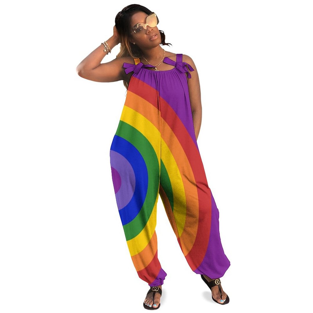 Asymmetrical Rainbow Bullseye Lgbt Pride Bohemian Jumpsuit Vintage Vibrant Pantsuit Wide Leg Women Romper - Neewho
