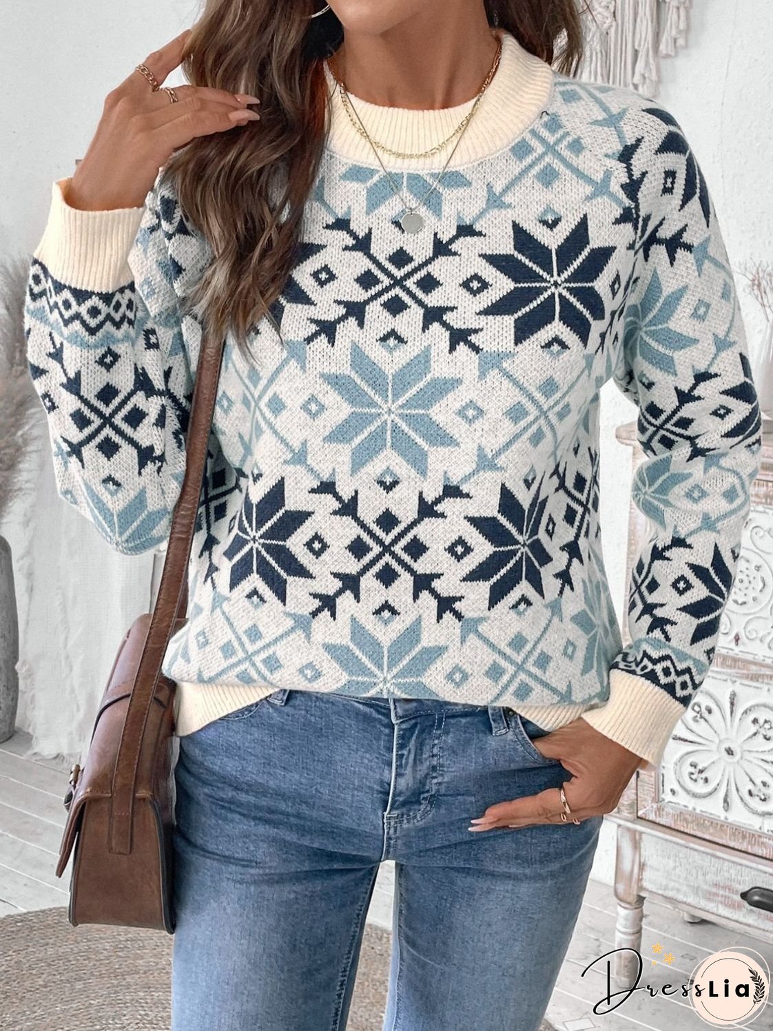 Perfee Graphic Round Neck Long Sleeve Sweater