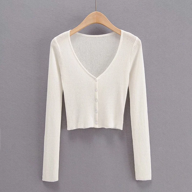 Ueong New V-Collar Single-Breasted Long-Sleeved Sunscreen Sweater Summer Hollowed-Out Leisure Air-Conditioning Blouse