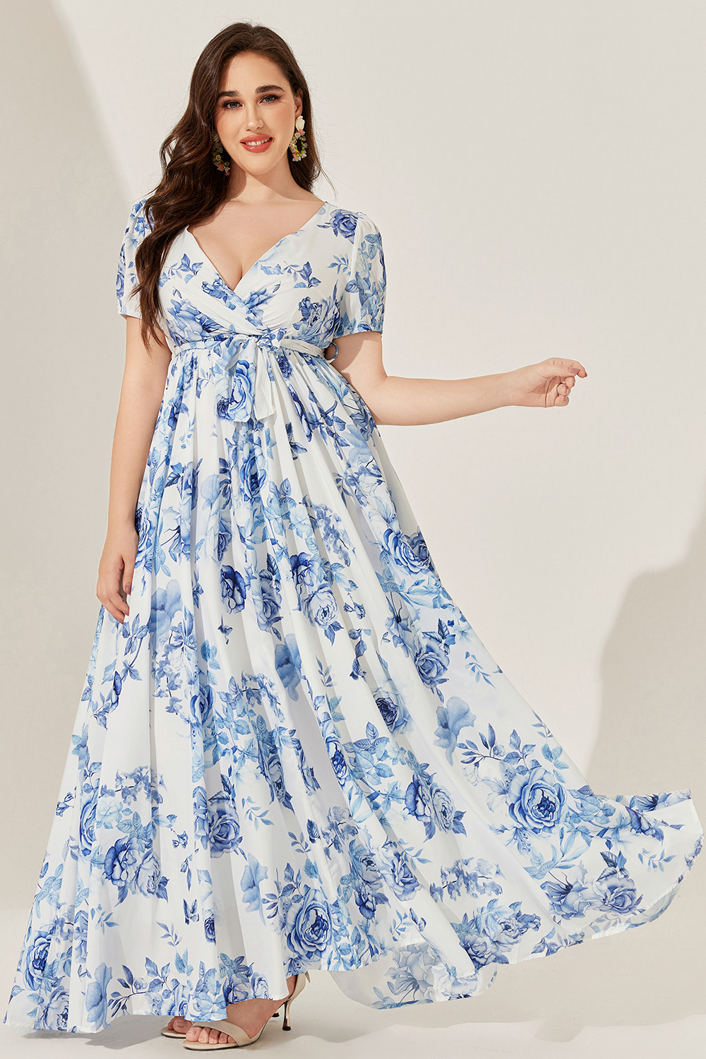 Flycurvy Plus Size Daily Casual Blue Floral Print Puff Sleeve Empire Waist Maxi Dress